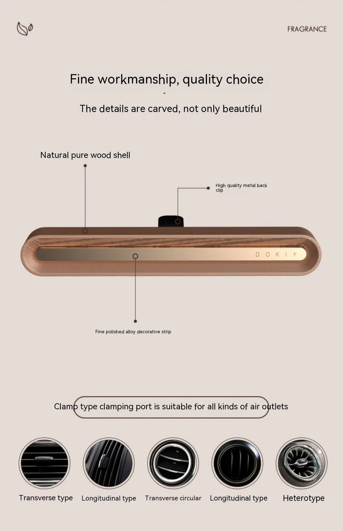 Long strip car aromatherapy ornament for air vent mounting in walnut or metallic grey finish