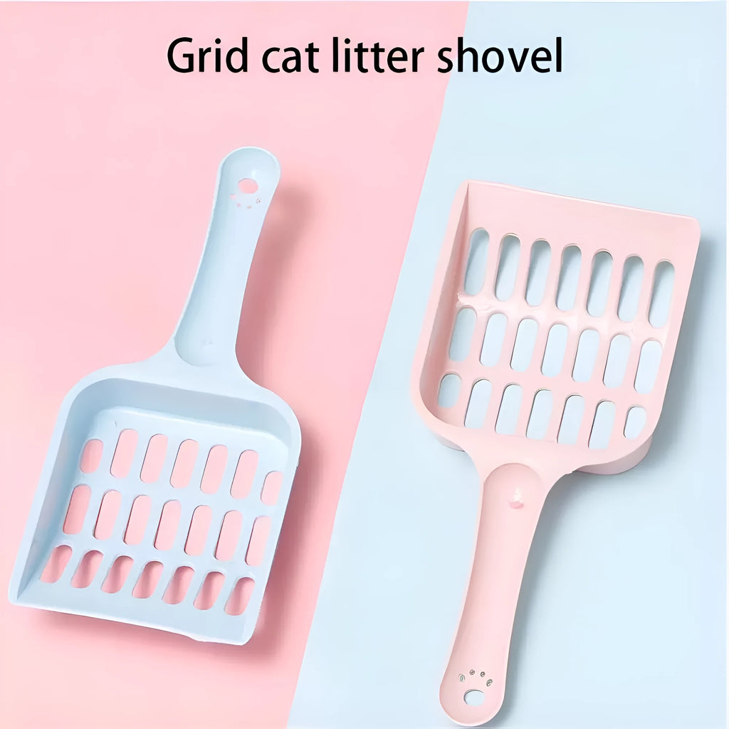 Blue plastic cat litter scoop on a white background.