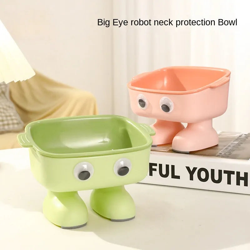 Green elevated cat bowl with 15° tilt, robot design, and anti-slip base