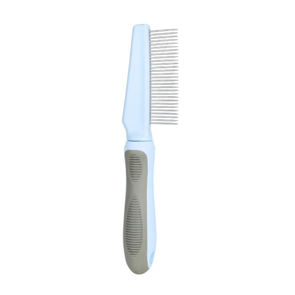 Blue pet detangler comb with three tooth configurations and rubber handle