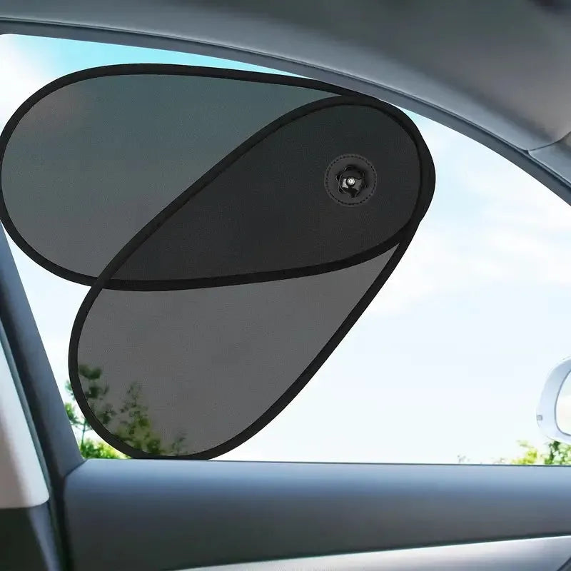Black breathable car window shade attached to vehicle side window with suction cups