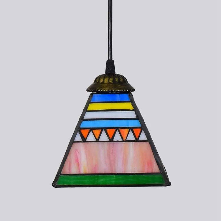 Small stained glass droplight pendant with coloured shade and iron ceiling plate