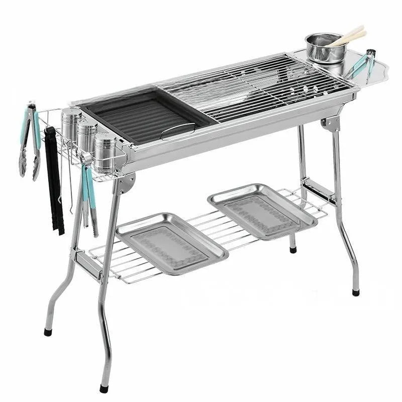 Stainless steel portable folding barbecue oven with charcoal grill, dimensions 73x33.5x70cm.
