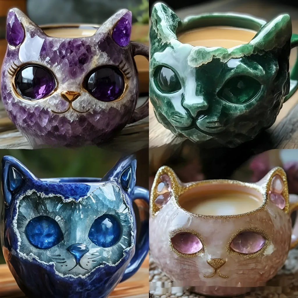 Purple geode mug with crystal cat silhouette, a synthetic resin craft item shown next to blue, green, and pink colour options.