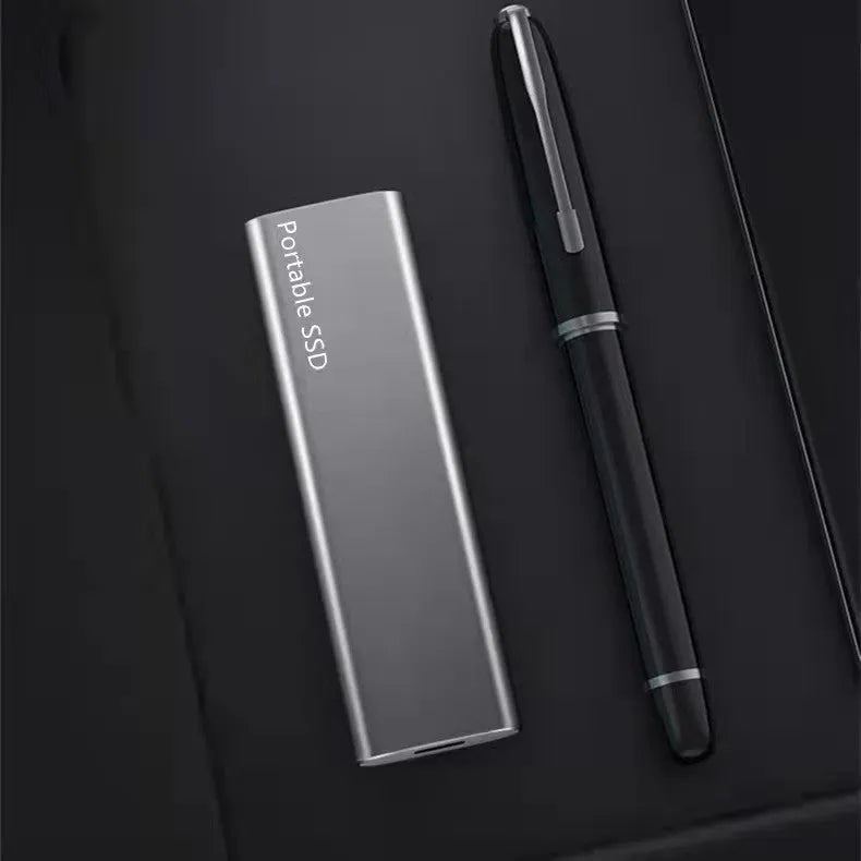 Ultra-thin metal mobile SSD external hard drive in red, black, blue, and silver colour options.