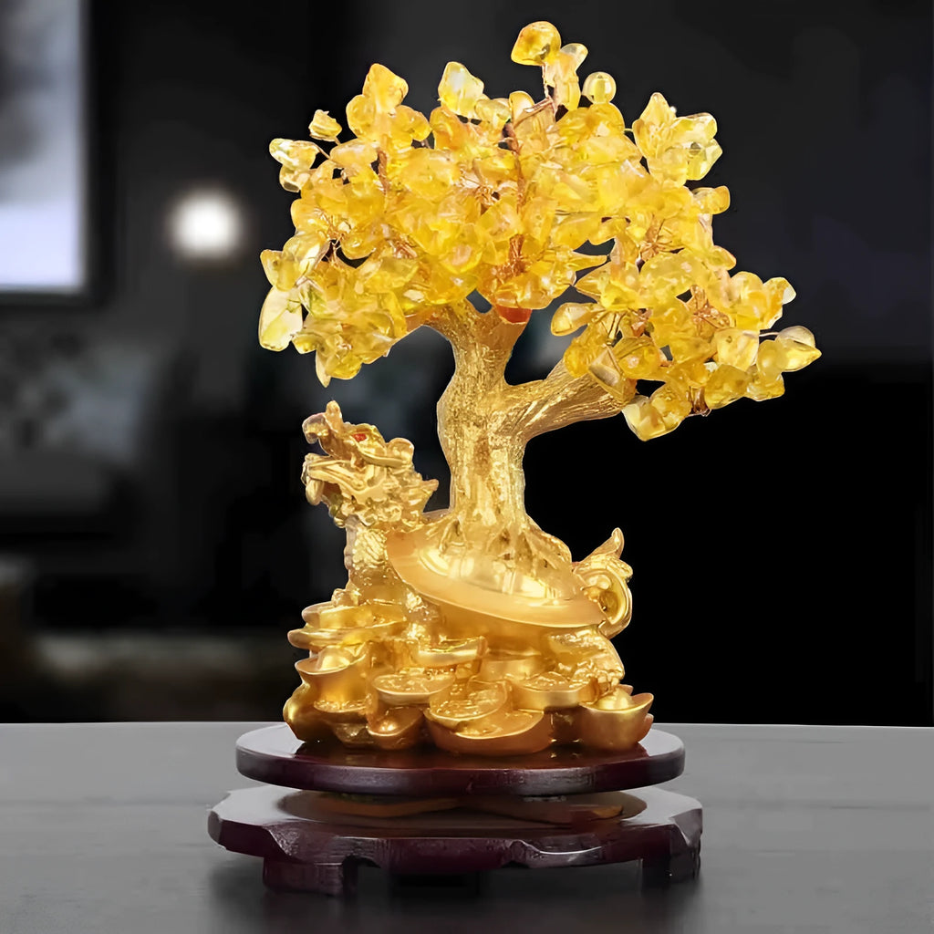 Citrine coloured resin turtle money tree feng shui ornament measuring 18x11x23cm