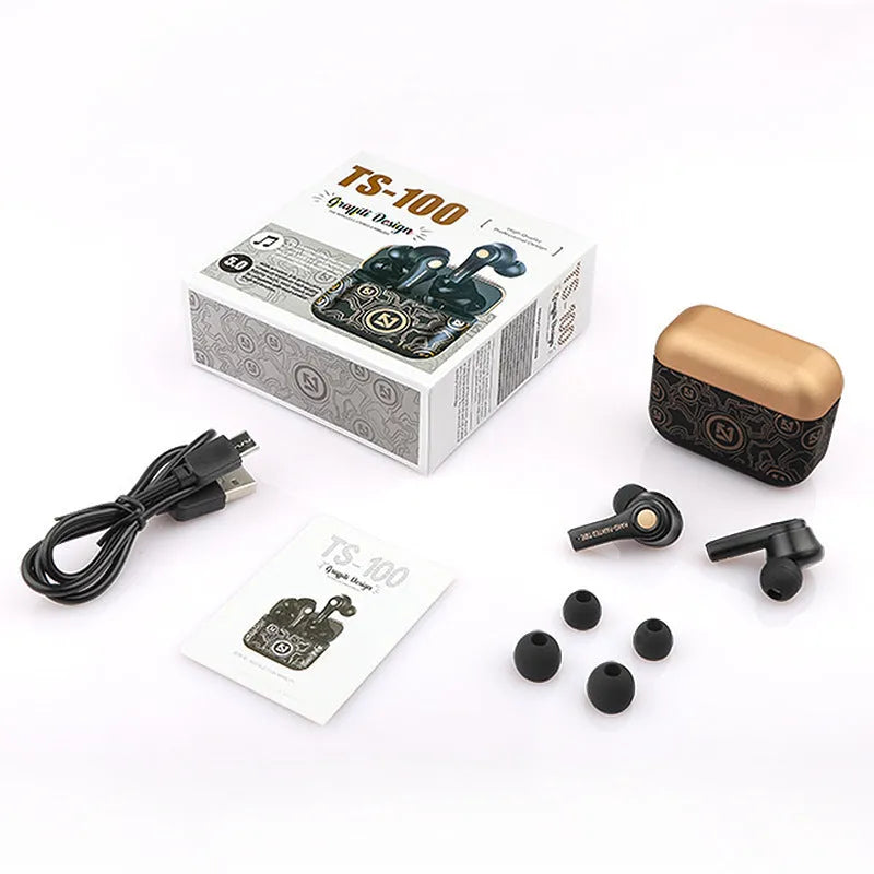 Black and white wireless Bluetooth headset with 15-18 metre range and Everblue 5.0 connectivity