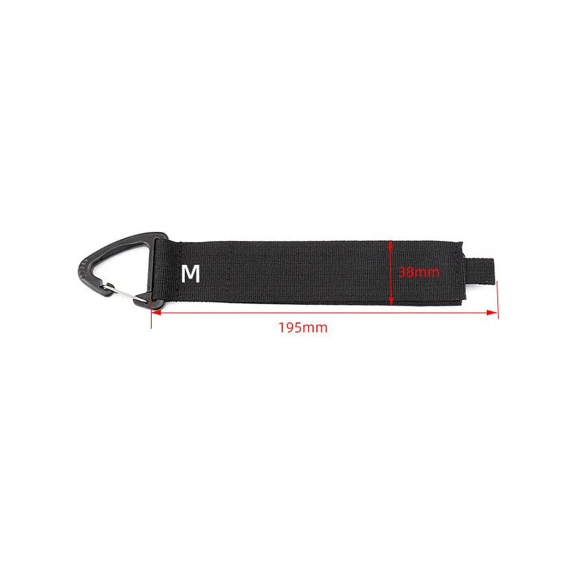 Black heavy gravity climbing storage strap with carabiner hook shown extended vertically