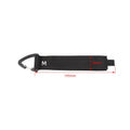 Black heavy gravity climbing storage strap with carabiner hook shown extended vertically