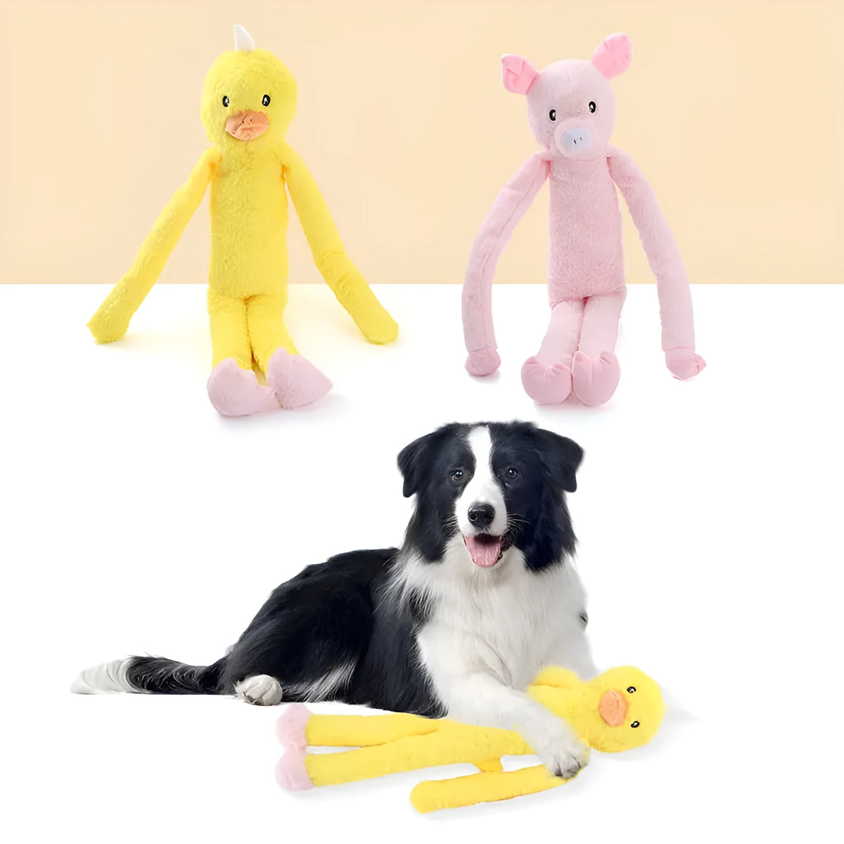 Large pink and yellow plush dog toy with squeaky rattle sounds for golden retrievers
