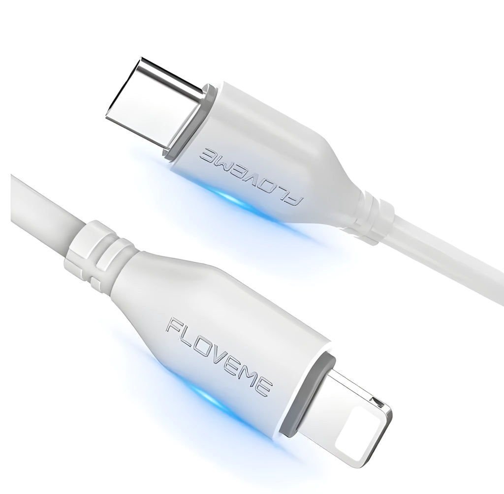 White USB-C to Lightning charging cable for iPhone on a plain background