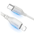 White USB-C to Lightning charging cable for iPhone on a plain background