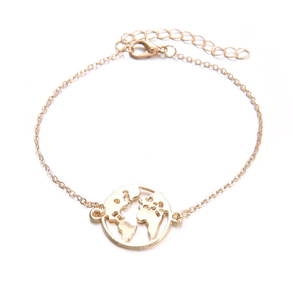 Three Bohemian-style bracelets with aircraft map and heart charms in gold electroplated finish