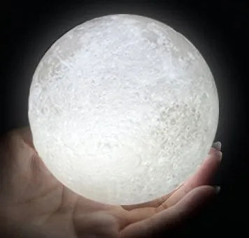3D printed moon lamp on wooden stand showing touch ring and detailed lunar surface