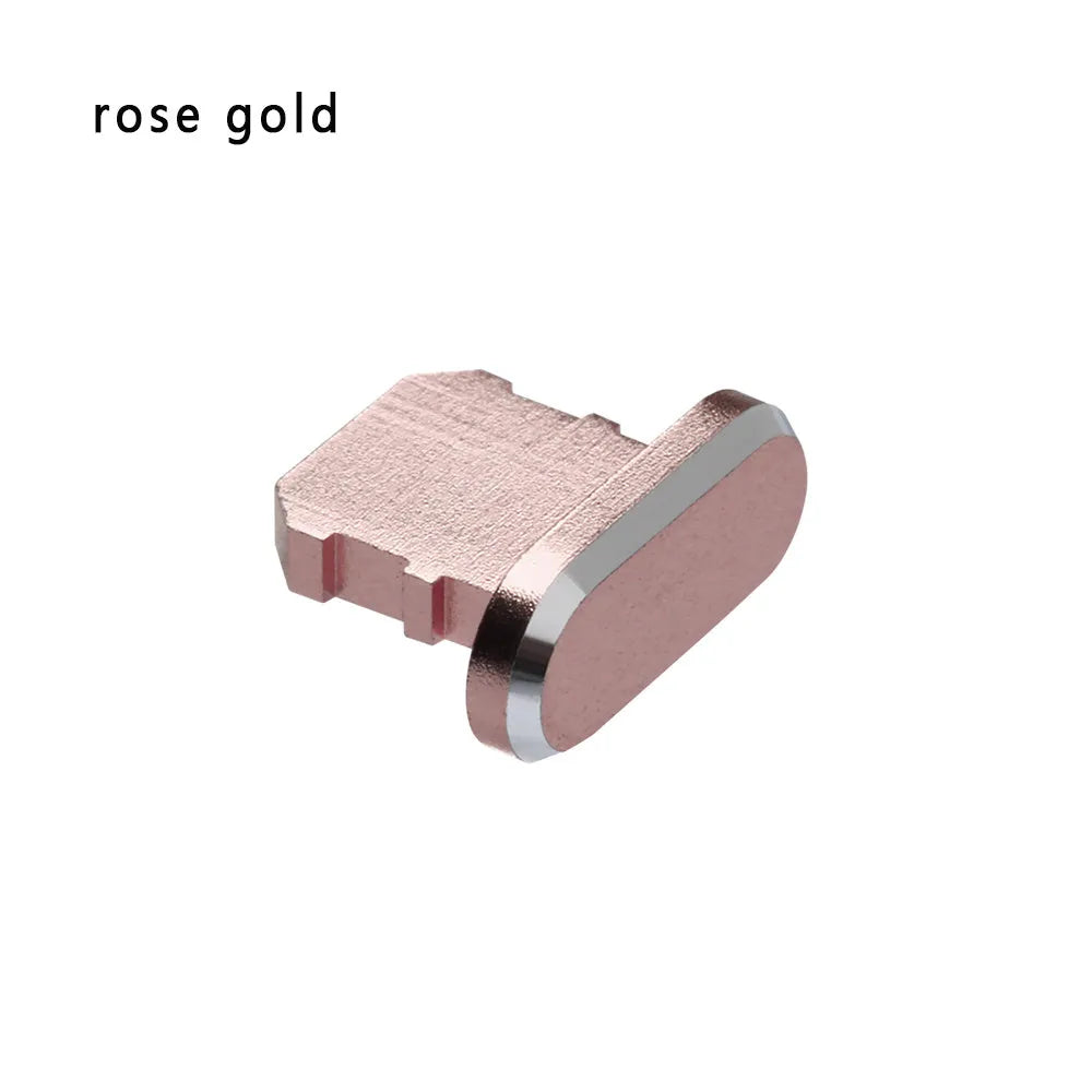 Aluminium alloy dust plug for iPhone charging port in various colours including gold and rose gold.