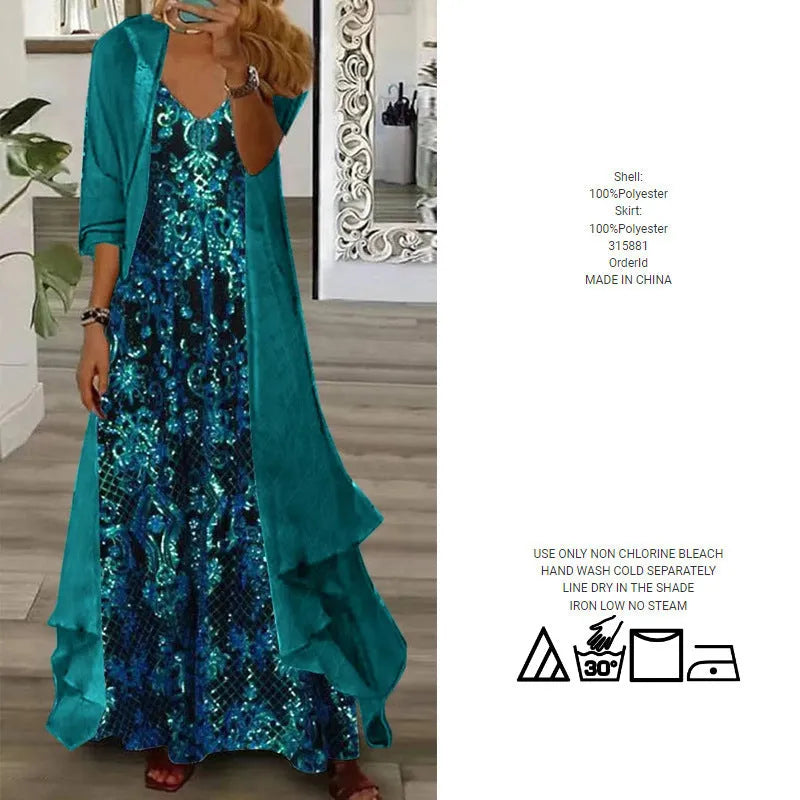 Plus size women's blue V-neck strap top and long skirt set with crocheted flowers and 3D effect