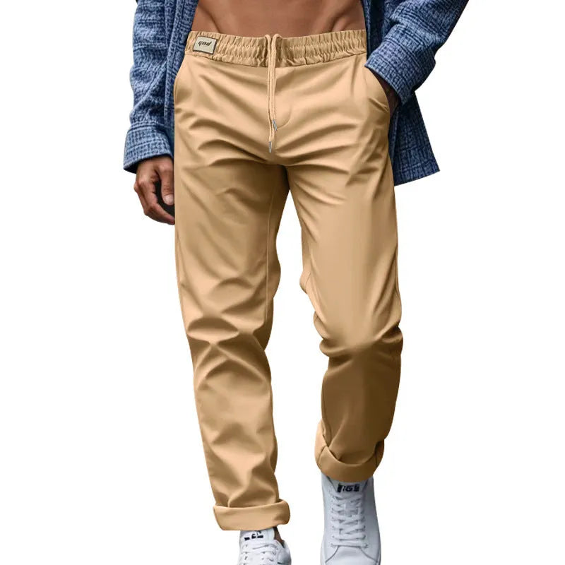 Men's loose straight casual trousers with pockets, mid waist drawstring, quick-drying polyester, seven colours