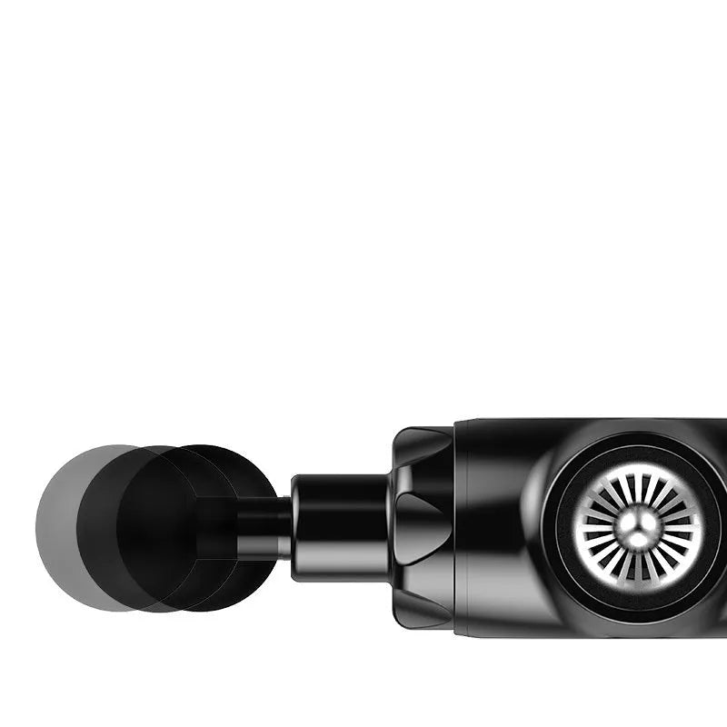 Black and white cordless handheld muscle massage gun with 24V battery and variable speed control