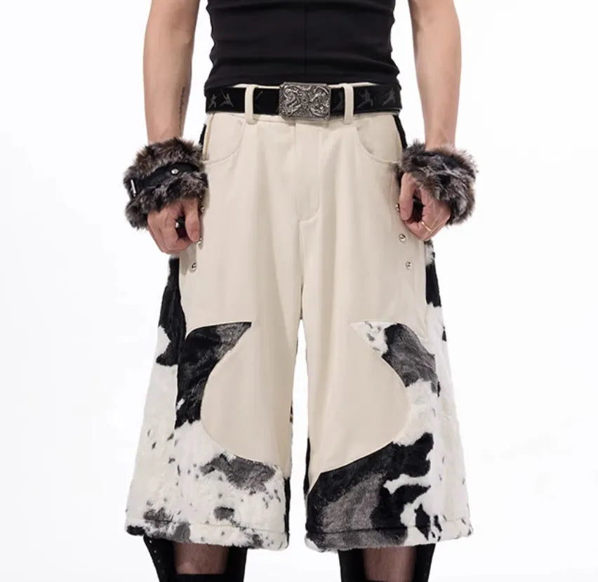 Milk fibre stitch-fur cropped trousers in a personalised pattern design, shown in size L.