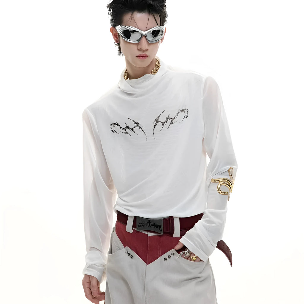 Black and white slim-fit long sleeve mesh bottoming shirt for men on a hanger.