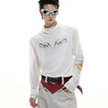 Black and white slim-fit long sleeve mesh bottoming shirt for men on a hanger.