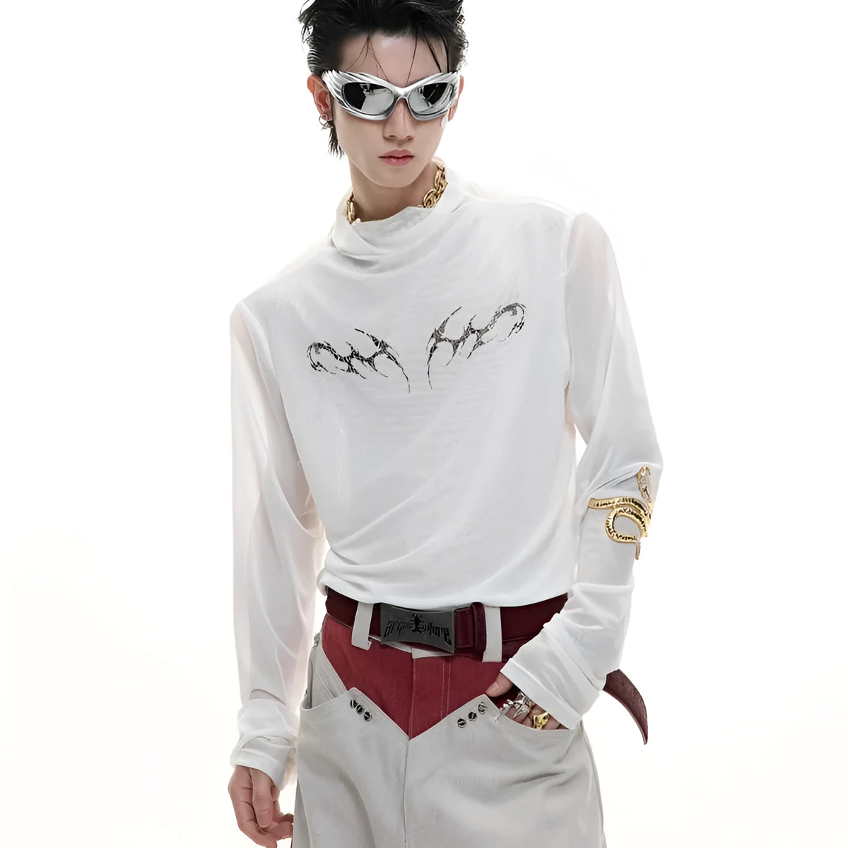Black and white slim-fit long sleeve mesh bottoming shirt for men on a hanger.