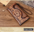 Women's brown embossed floral genuine leather tri-fold wallet showing interior compartments