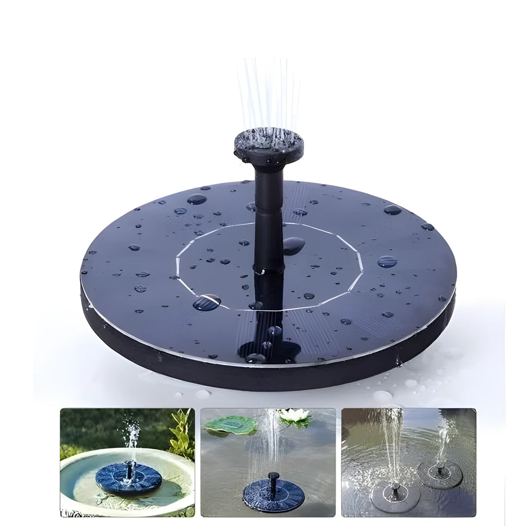 Black solar-powered floating garden fountain with multiple spray nozzles for birdbaths and ponds