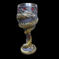 Gold stainless steel red wine glass with 3D Chinese dragon decoration showing 200ml capacity