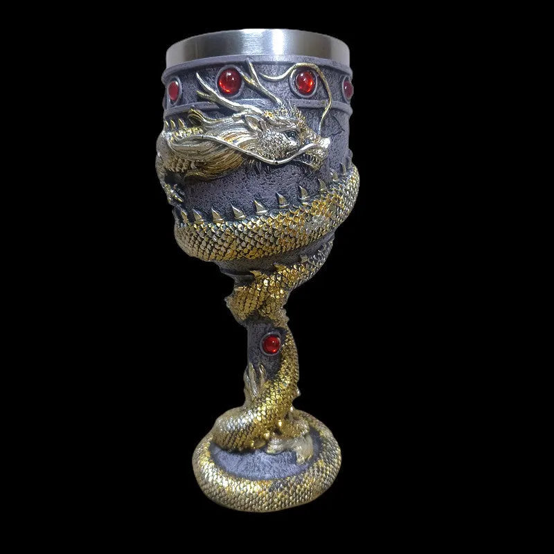 Gold stainless steel red wine glass with 3D Chinese dragon decoration showing 200ml capacity