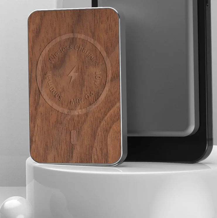 Khaki magnetic wireless charging bank with 5000mAh capacity and alloy case