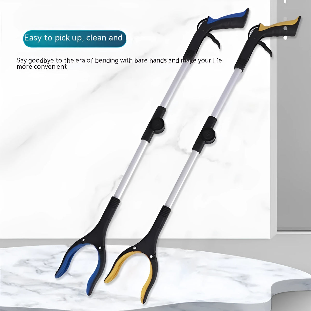Folding aluminium garbage pick-up clamp with extended shaft and magnetic sucker attachment on a blue handle.