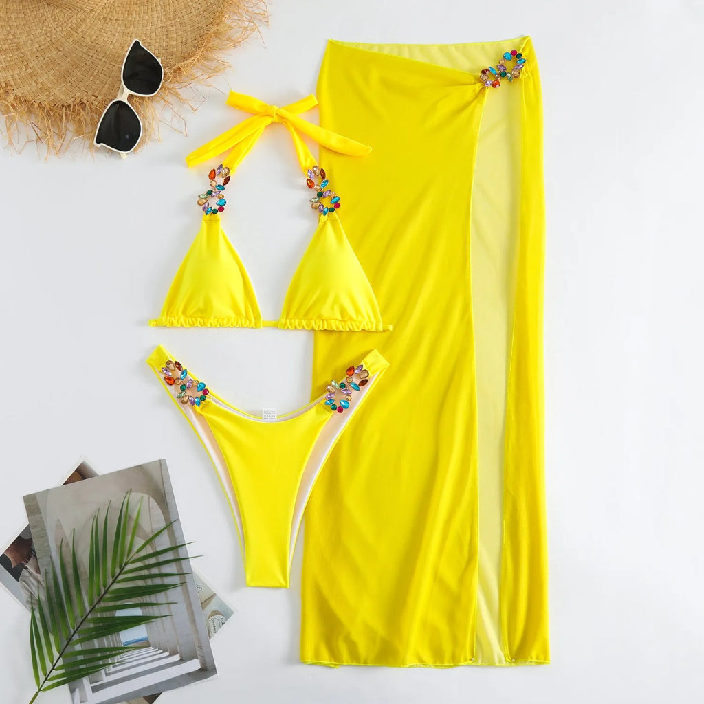 Women's three-piece swimsuit bikini set with mesh long skirt in rose red and yellow colours