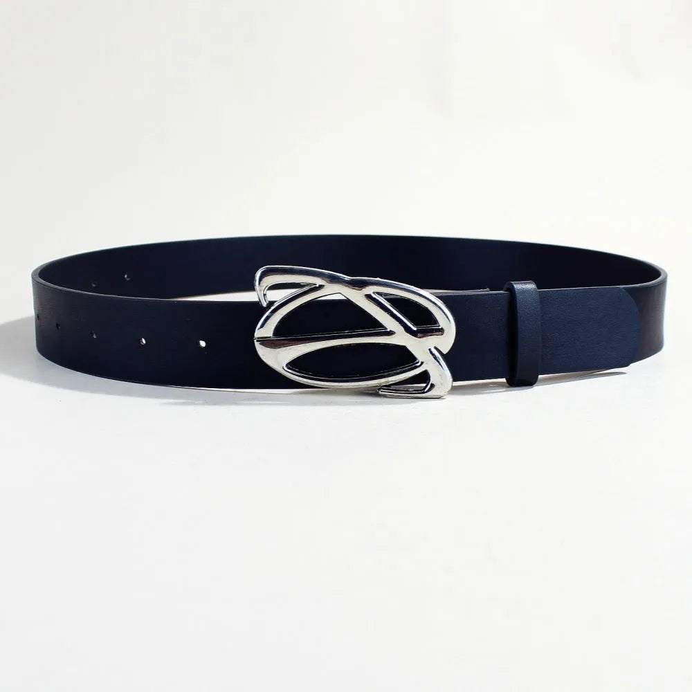Silver buckle casual belt showing 105cm length and 3.3cm width with snap button closure