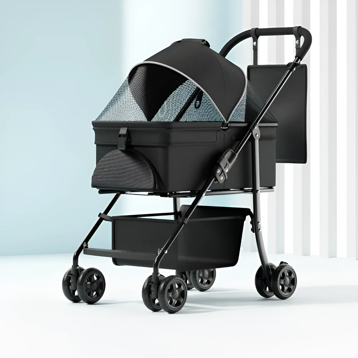 Black folding pet cart with metal frame and large transport capacity for medium dogs