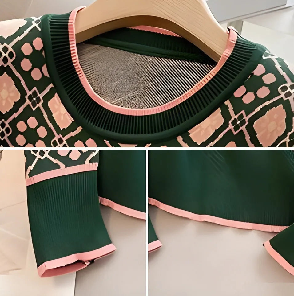 Green women's printed loose-fit sweater for casual commuting wear