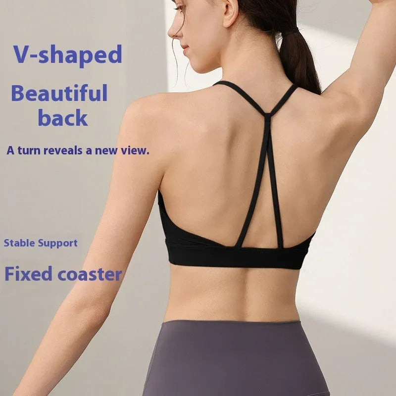 Women's nylon sports vest with fixed double-shoulder straps in multiple colours on a size chart.