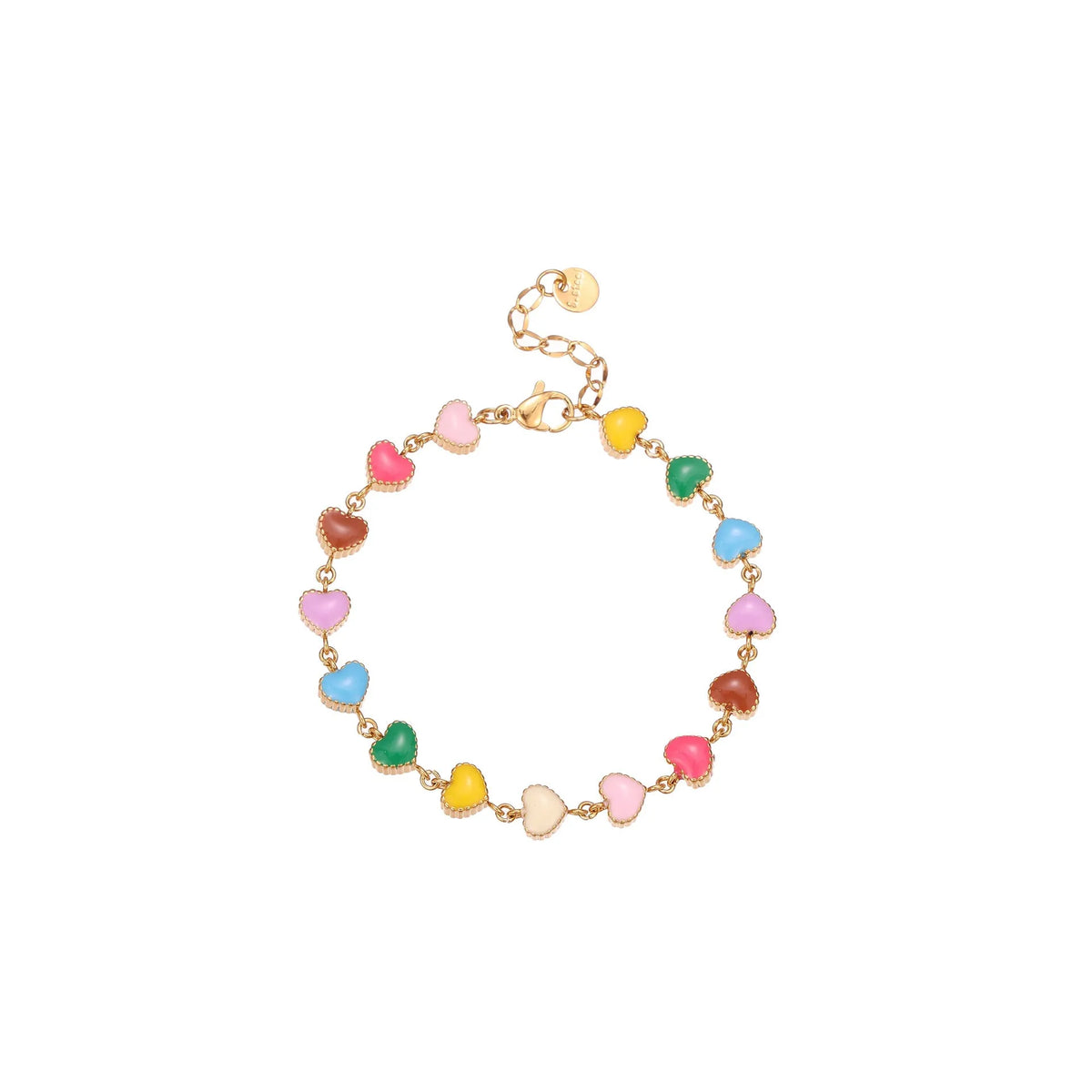 Women's heart-shaped stainless steel bracelet with 18K electroplated finish in gold or steel tone.
