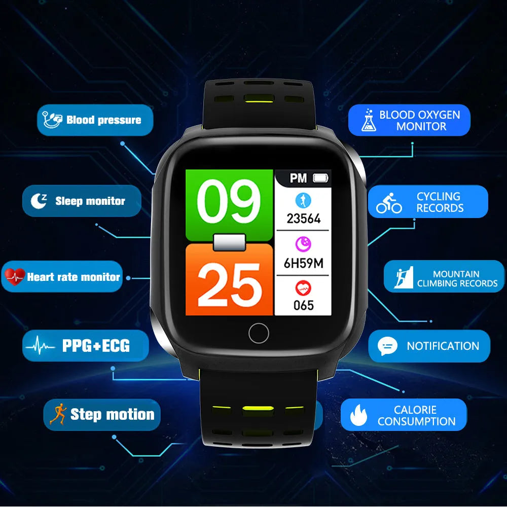 F16 Smart Watch with ECG monitor on a silicone wristband, showing the IPS display and touch-button controls.