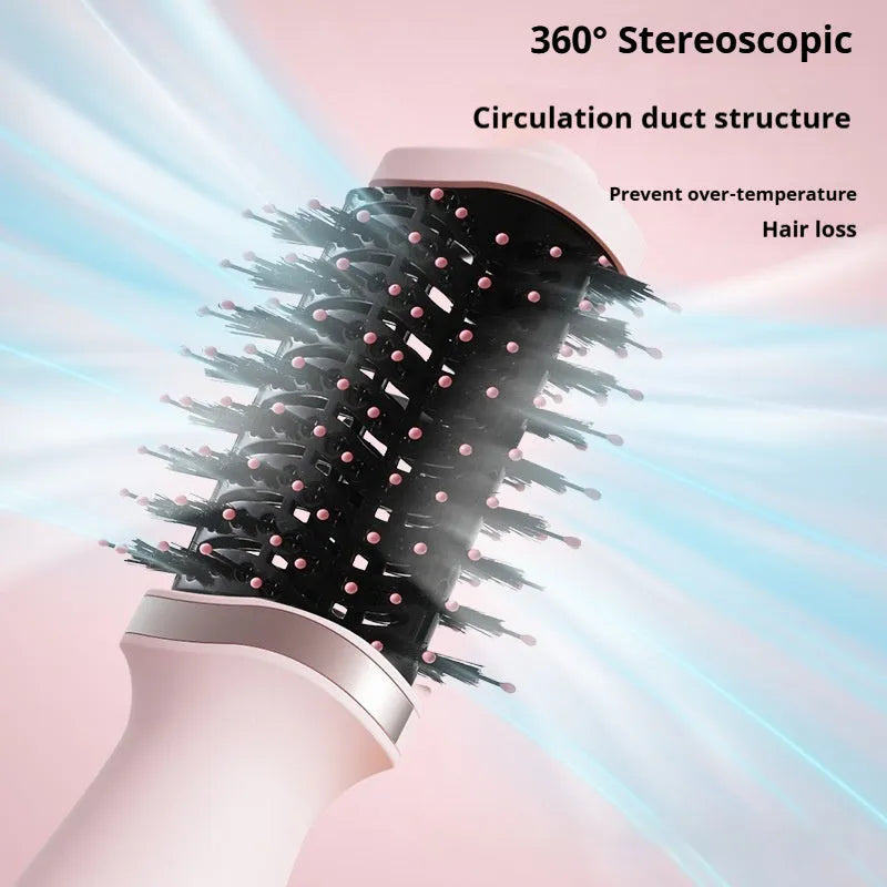 Pink multifunctional hair dryer with built-in comb and curling attachments for versatile styling