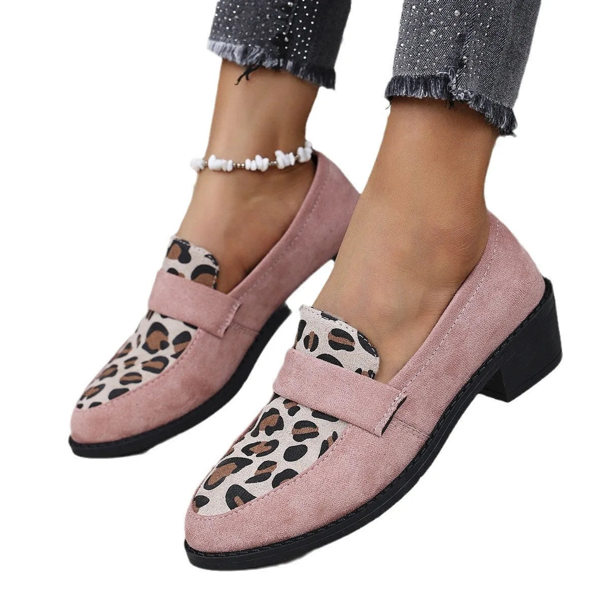 Brown leopard print slip-on suede shoe with chunky mid heel and pointed toe