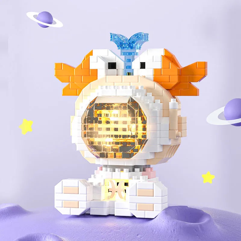 Twelve constellation luminous astronaut building blocks in plastic small diamond particles with colour box packaging