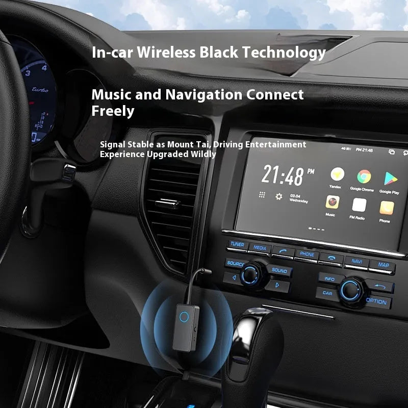 Black Bluetooth 5.4 audio adapter with 3.5mm plug for wireless music streaming.