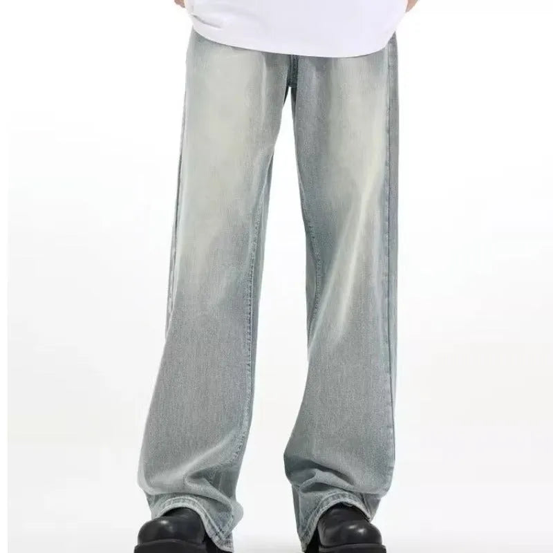 Blue loose-fit retro casual trousers made from rabbit fur fabric, shown on a hanger.