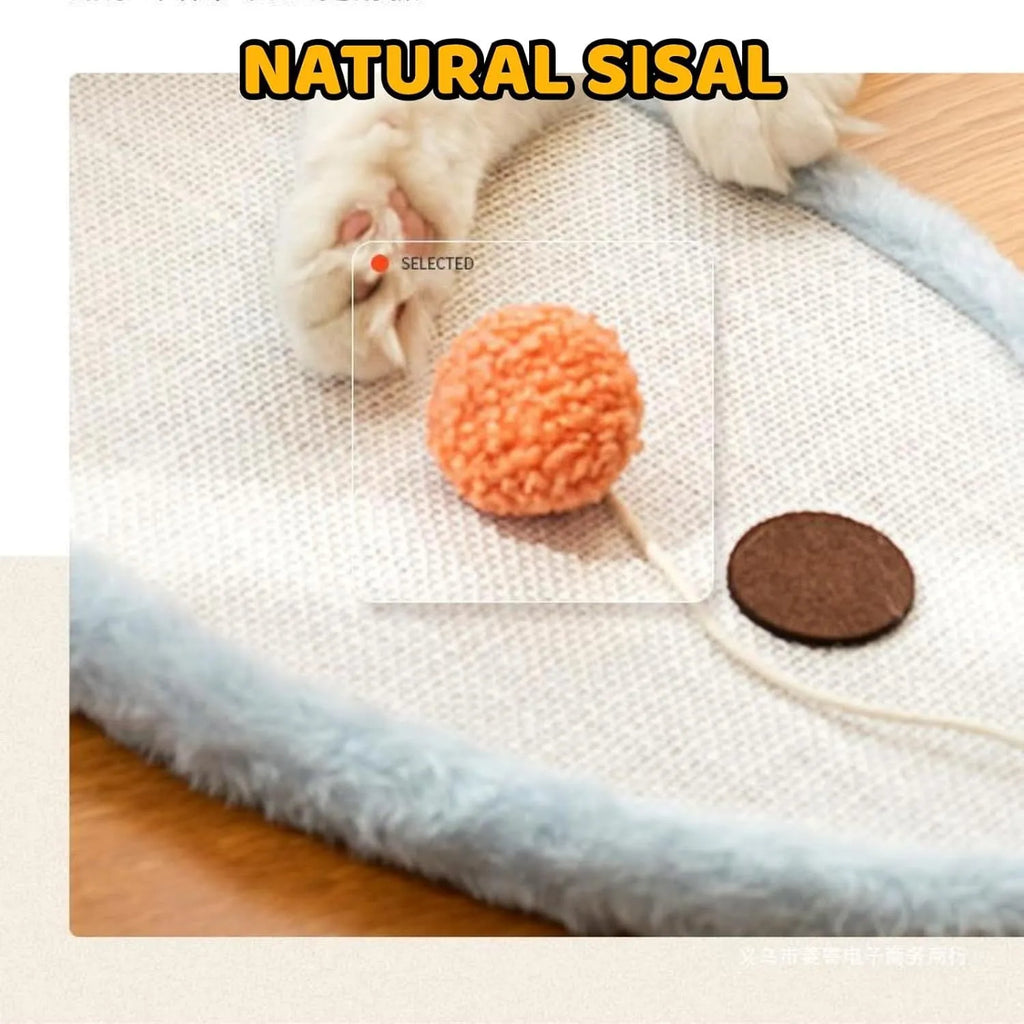 White cat scratching mat with sleeping cat pattern, wall mounted with natural sisal surface