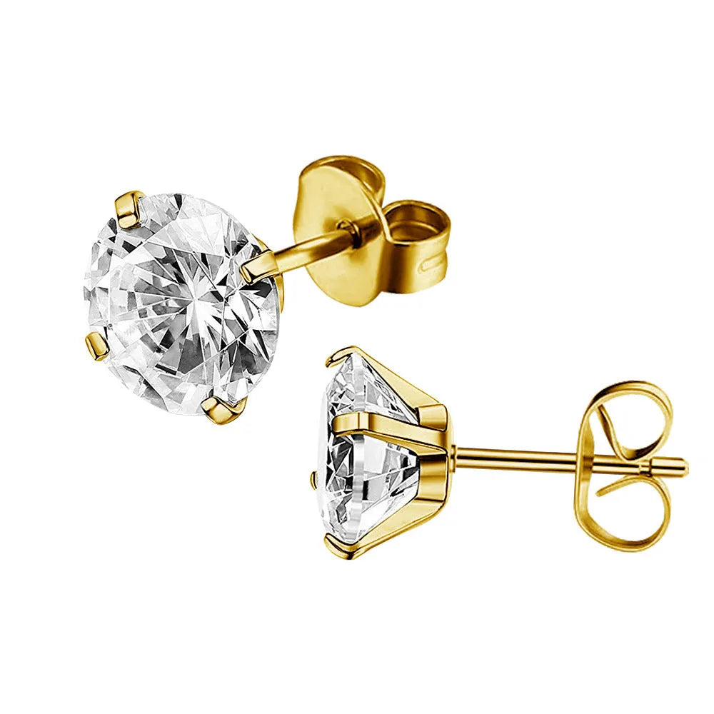 Geometric square zircon stud earrings in stainless steel with gold and steel colour tone options