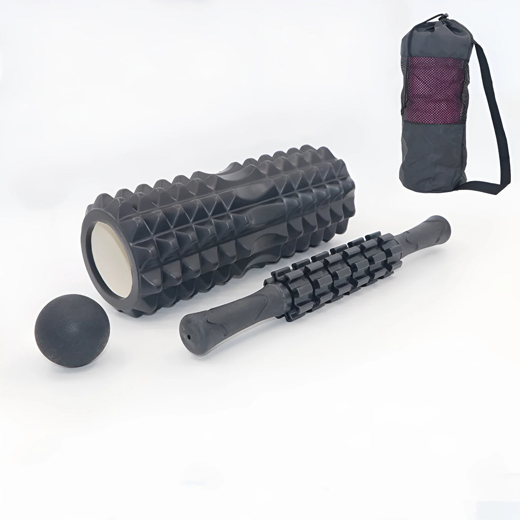 Black foam massage roller stick with six gear segments, 33cm long.