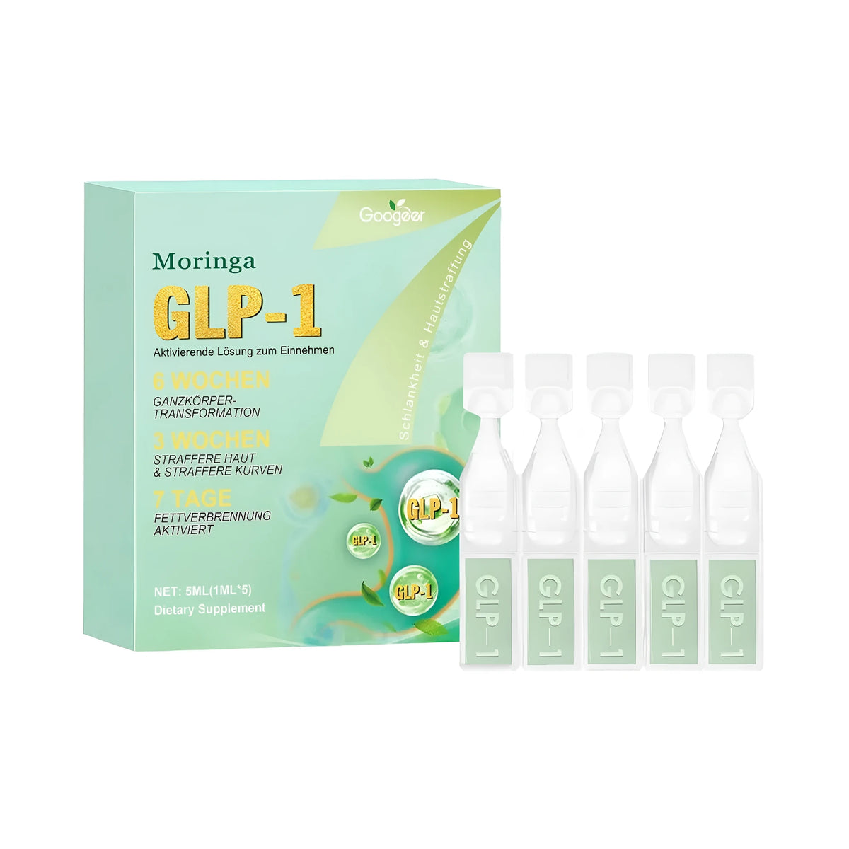 Body slimming aid drops 5ml pack with five 1ml bottles containing green tea extract, Moringa seed, and turmeric
