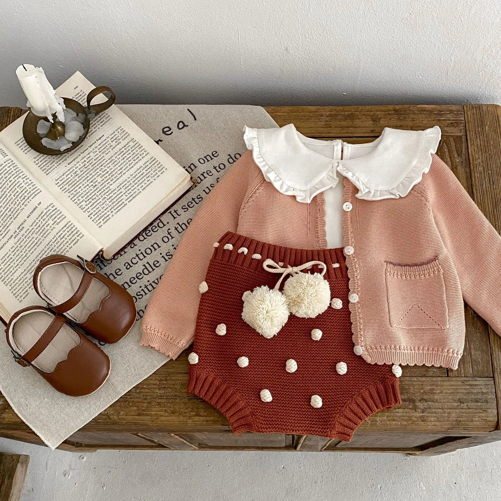 Baby girl cotton cardigan in lotus root pink, single-breasted long sleeve knitted coat for 0-3 years, sizes 66cm-100cm.