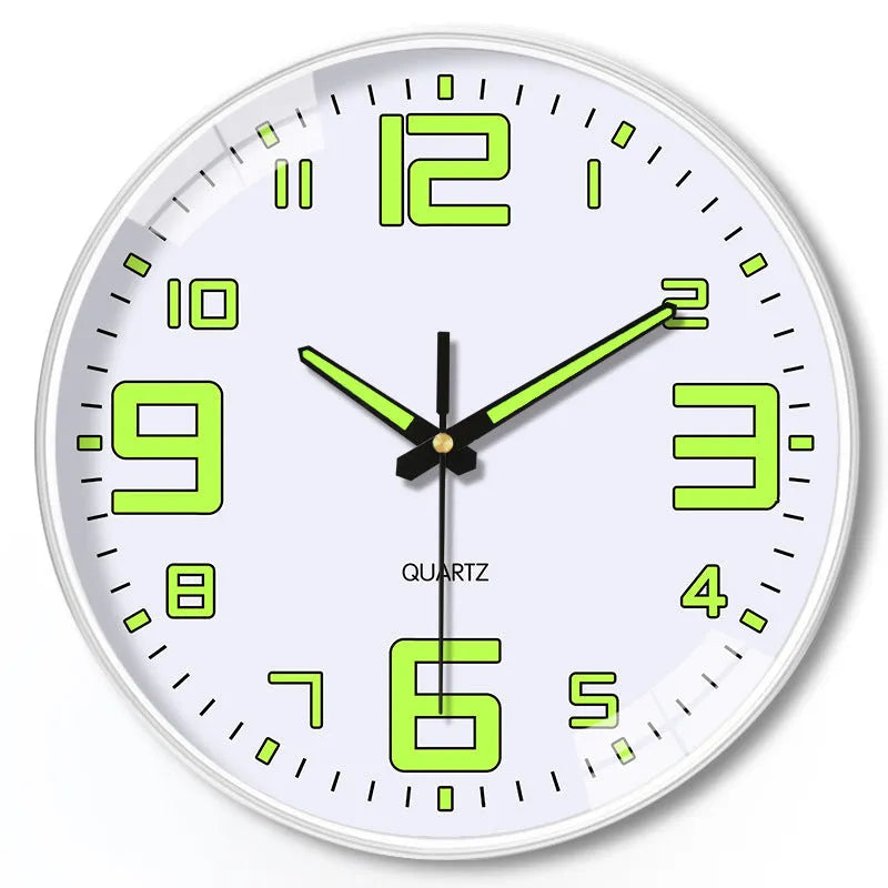Modern 8 inch luminous wall clock with 20cm diameter on a wall.